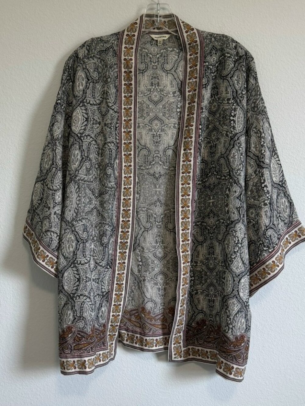 Max Studio 3/4 Kimono Sleeve Paisley Boho Open Front Cardigan Cover Up Size L